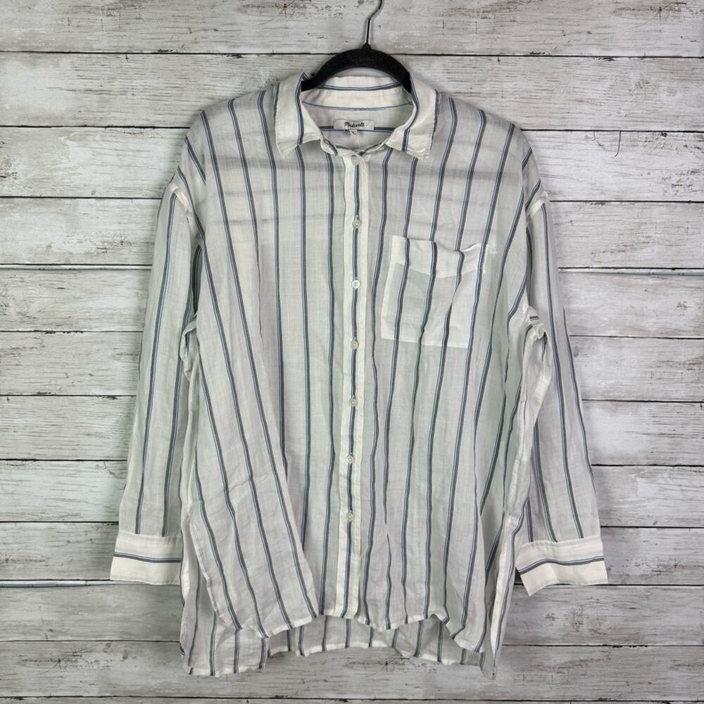Madewell White Button-Down Shirt with Navy Pinstripes - Picture 4 of 9